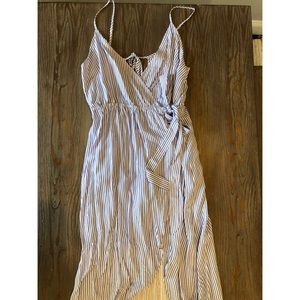 Blue and white striped high-low wrap-around dress